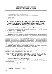 ИЗУЧЕНИЕ ИСХОДНОГО МАТЕРИАЛА ДЛЯ СЕЛЕКЦИИ КАПУСТЫ БЕЛОКОЧАННОЙ BRASSICA OLERACEA L. НА УСТОЙЧИВОСТЬ К СОСУДИСТОМУ БАКТЕРИОЗУ